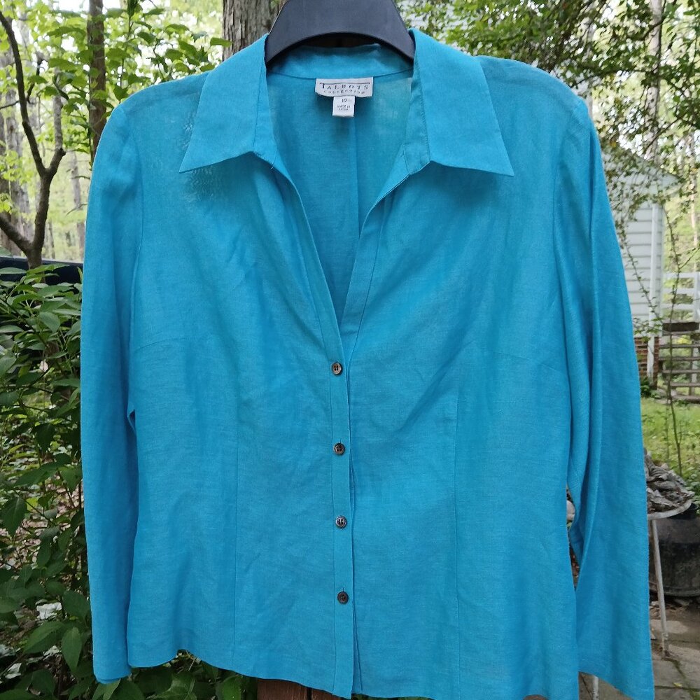 Talbots Collection sz 10 Bright Turquoise Tailored Blouse Linen/Silk